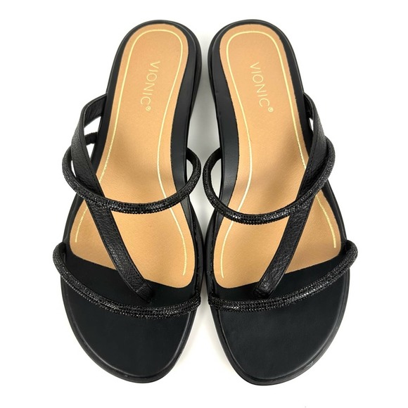 Vionic Prism Sandals Leather Crystal Orthotic Black NWOB Size 7.5M - Picture 2 of 12